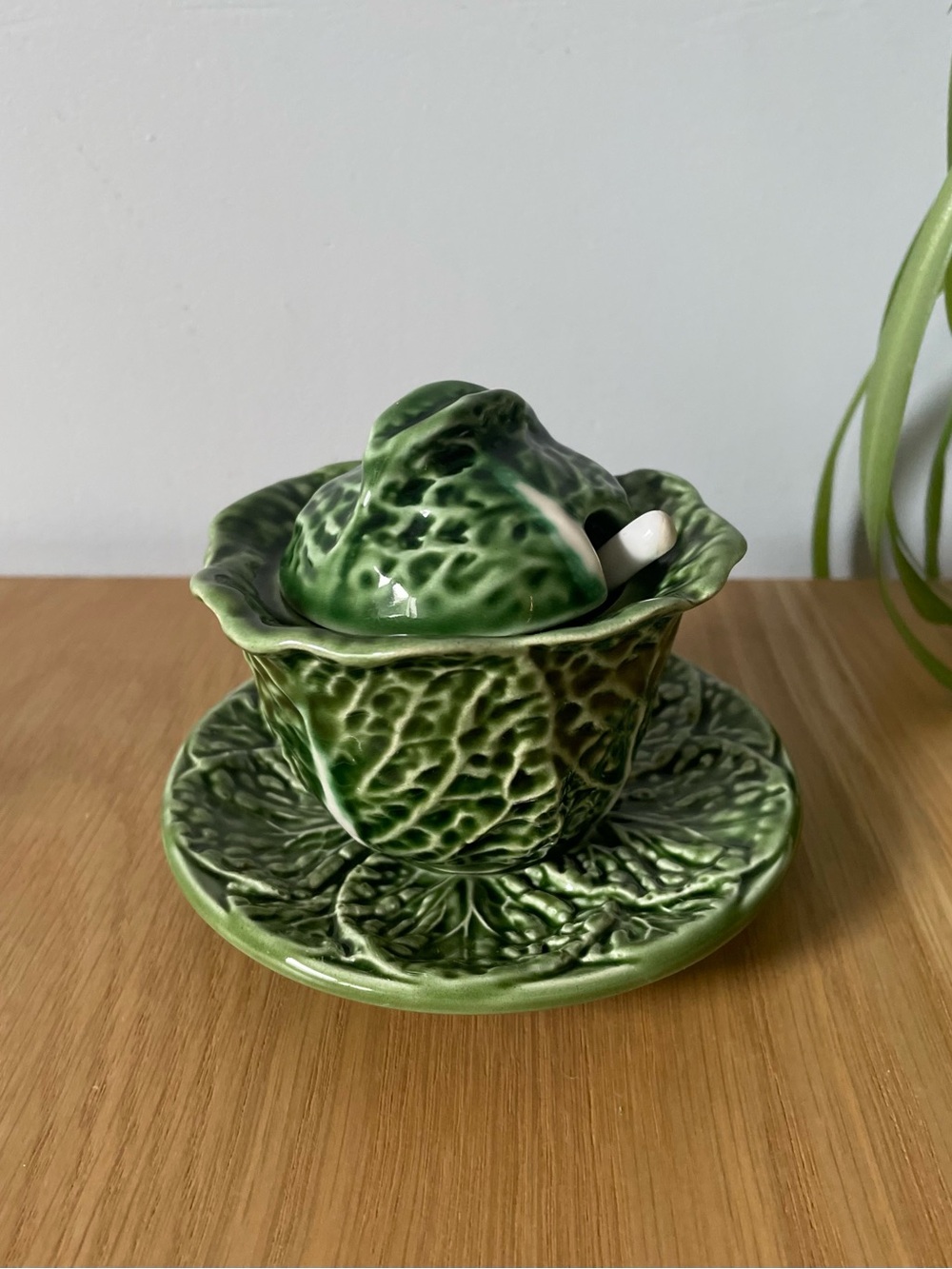 Vintage Portuguese Majolica-style Cabbage Mustard Pot Sugar Bowl & Spoon